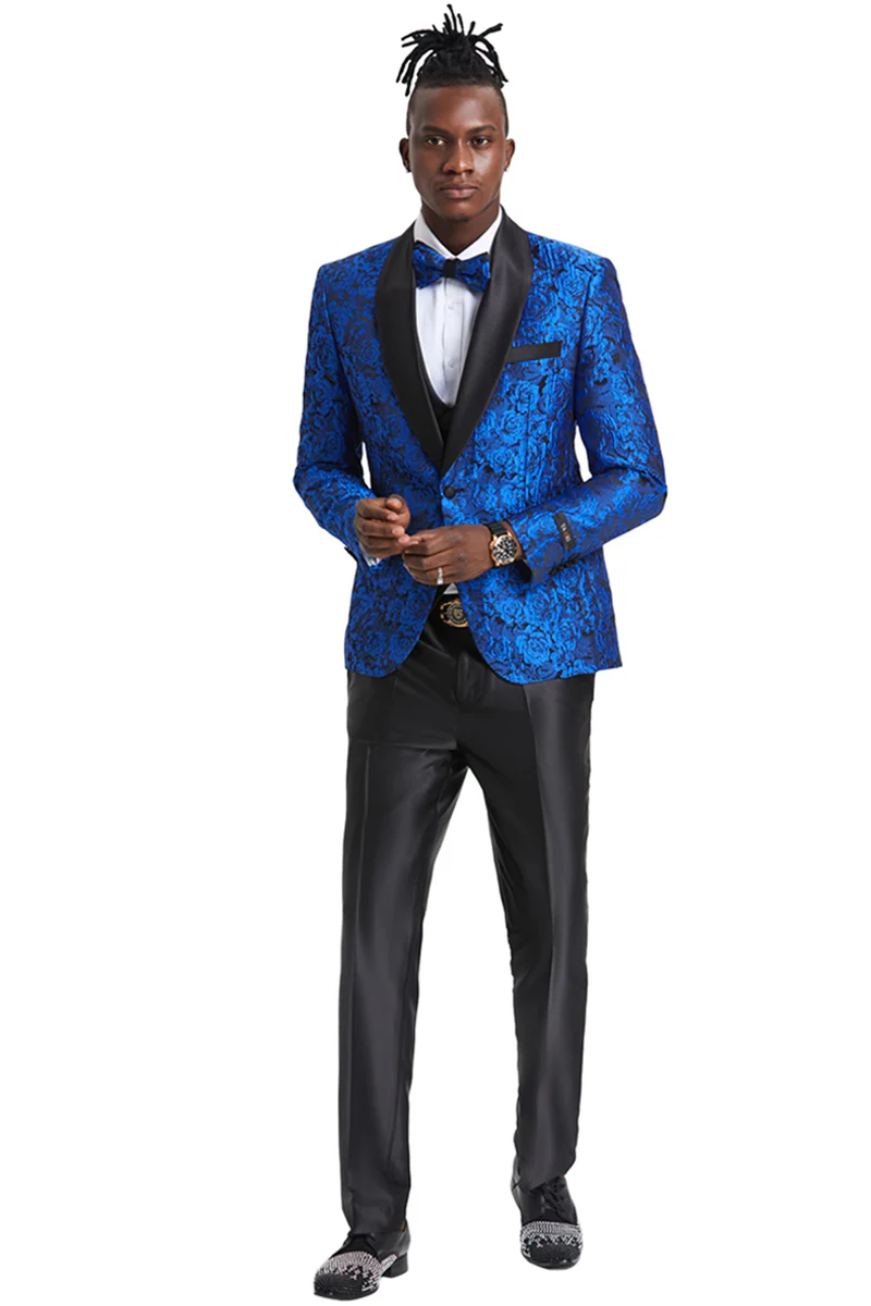 Men's One Button Slim Fit Shiny Paisley Floral Vested Prom Tuxedo in Royal Blue - Image 2