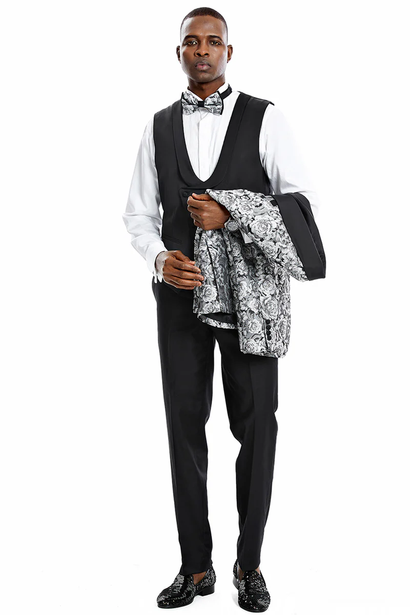 Men's One Button Slim Fit Shiny Paisley Floral Vested Prom Tuxedo in Silver - Image 3