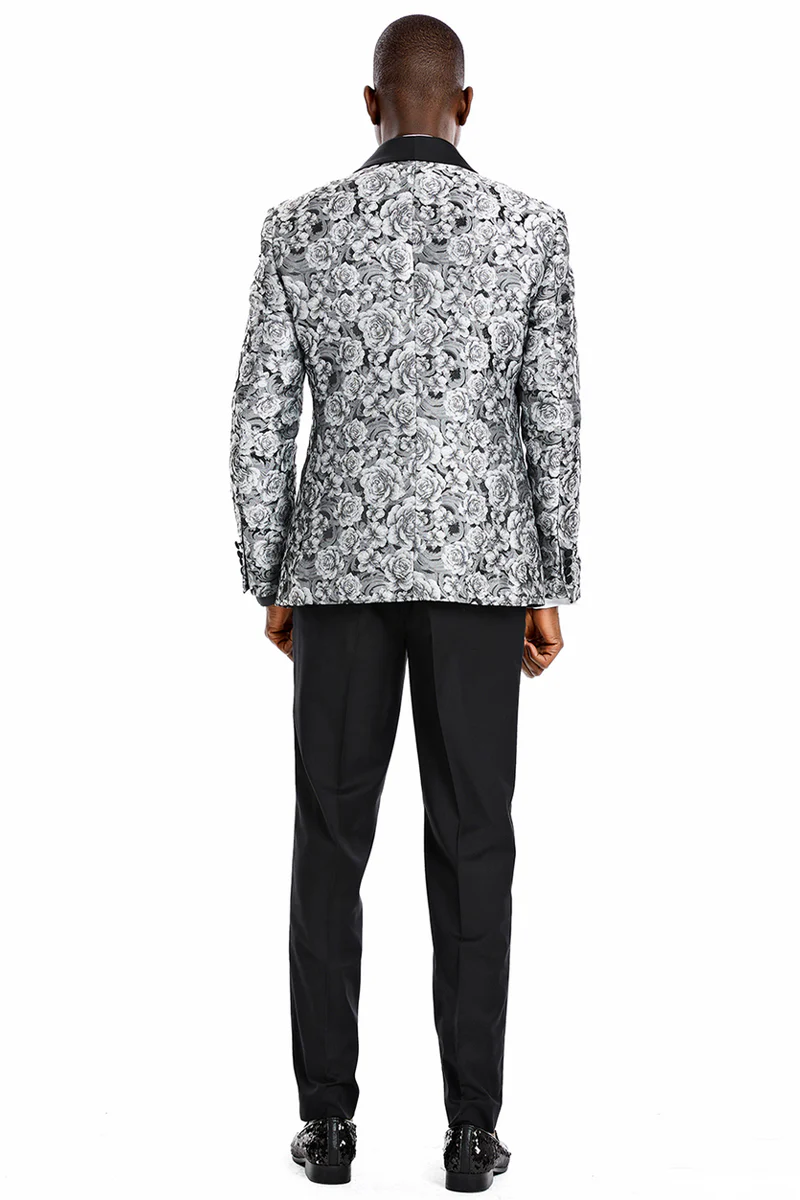 Men's One Button Slim Fit Shiny Paisley Floral Vested Prom Tuxedo in Silver - Image 4