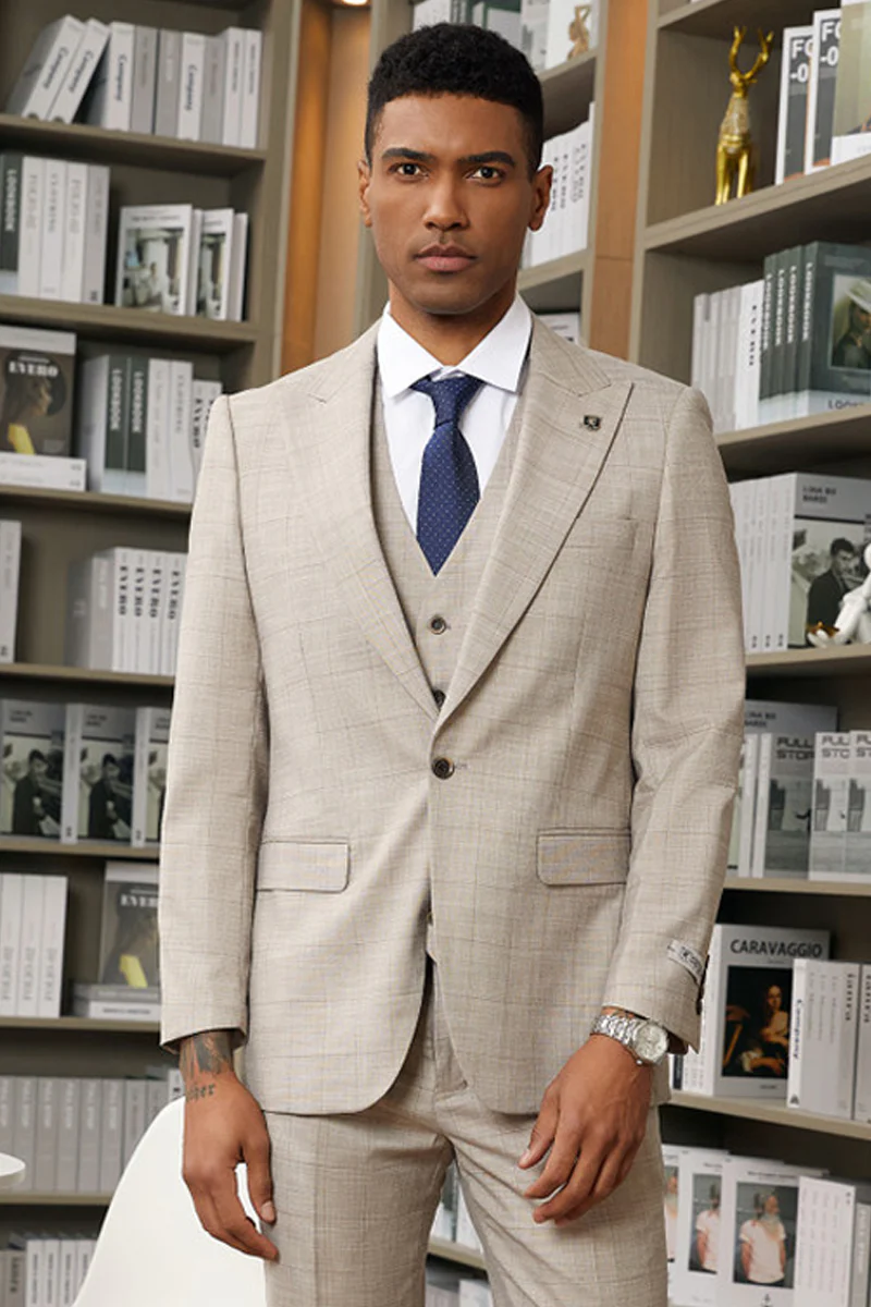 Men's One Button Stacy Adam's Peak Lapel Vested Summer Windowpane Plaid Suit in Light Tan