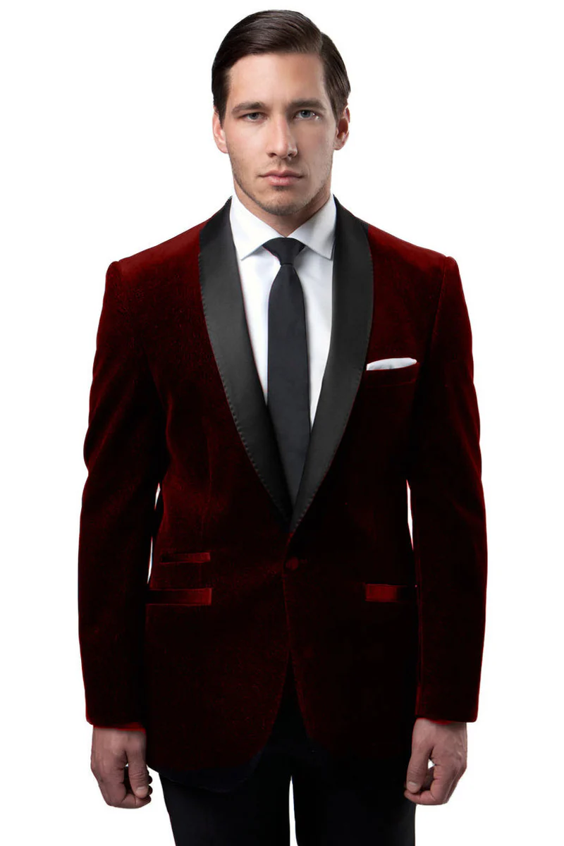 Men's One Button Velvet Shawl Collar Tuxedo Jacket in Burgundy