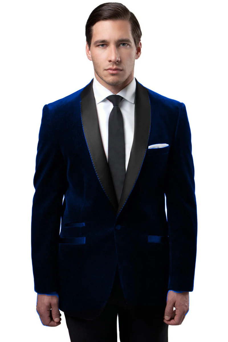 Men's One Button Velvet Shawl Collar Tuxedo Jacket in Navy Blue
