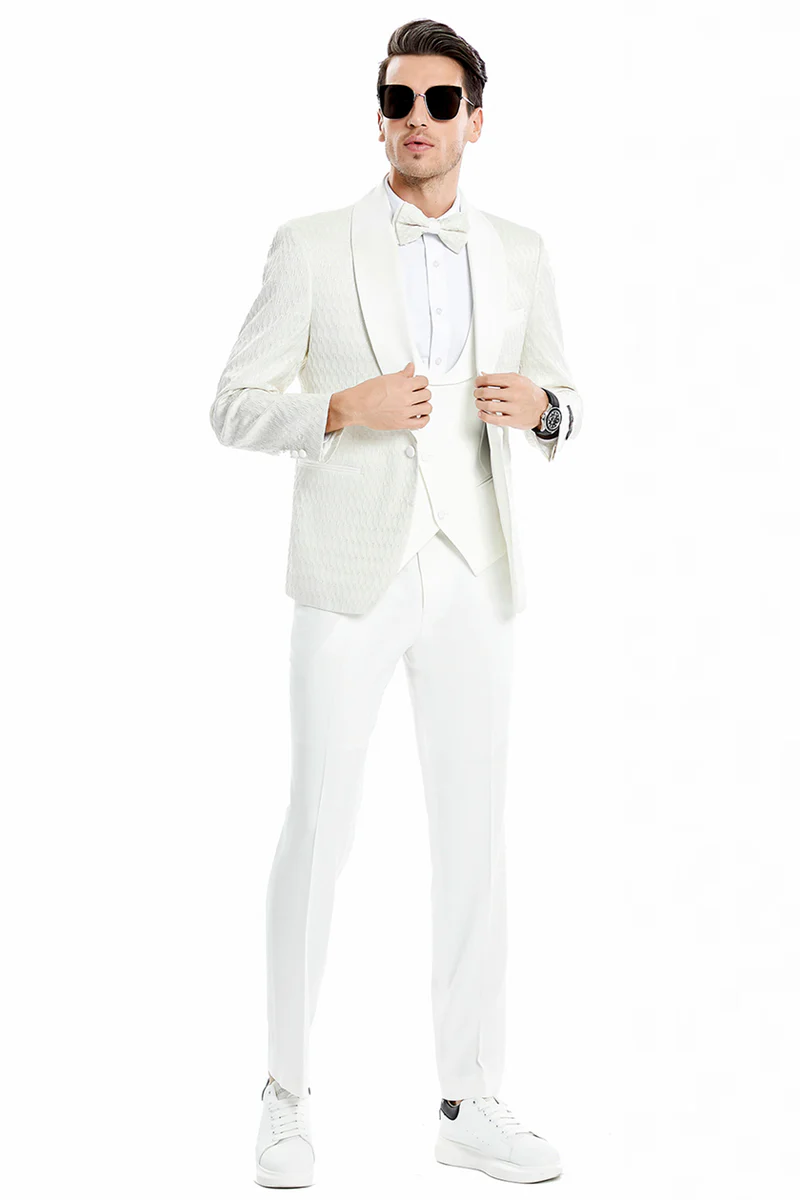 Men's One Button Vested Honeycomb Lace Design Wedding & Prom Tuxedo in Ivory - Image 2