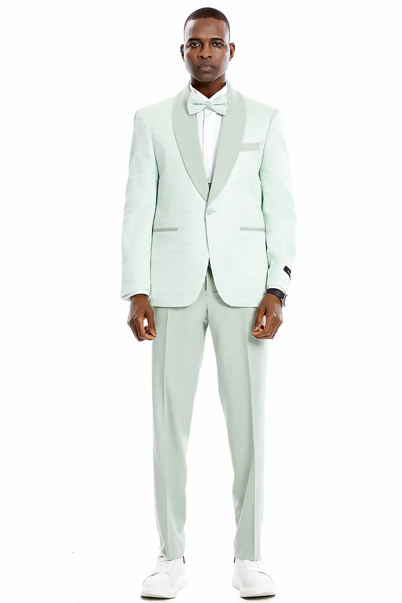 Men's One Button Vested Honeycomb Lace Design Wedding & Prom Tuxedo in Mint Green - Image 2