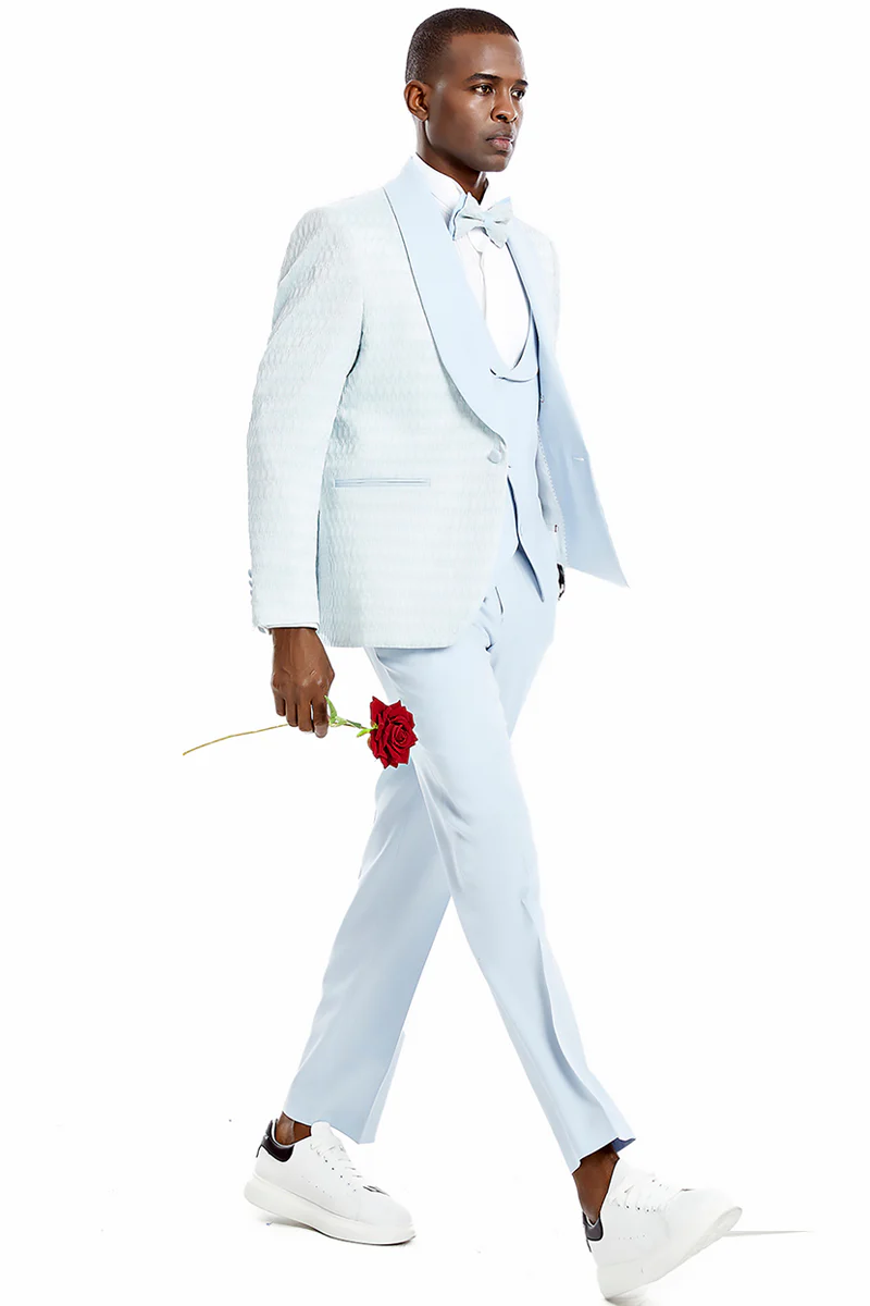 Men's One Button Vested Honeycomb Lace Design Wedding & Prom Tuxedo in Sky Blue - Image 2