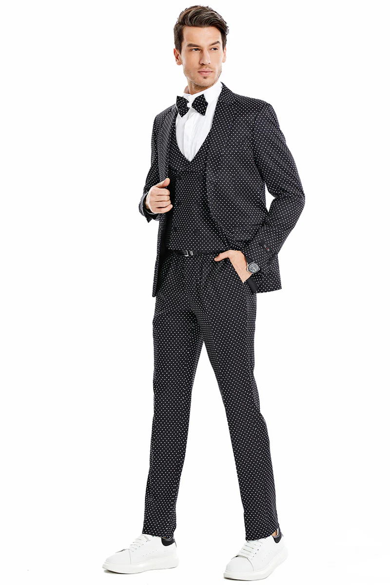 Men's One Button Vested Mini Polka Dot Prom Suit in Black & White - Image 2
