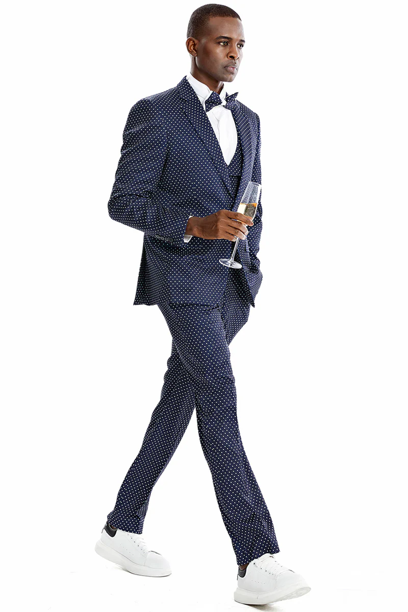 Men's One Button Vested Mini Polka Dot Prom Suit in Navy Blue & White - Image 2