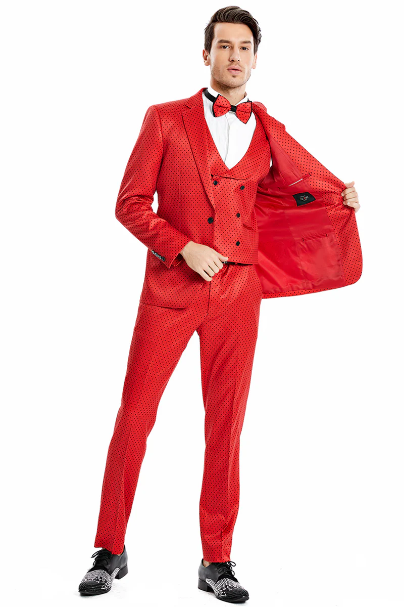 Men's One Button Vested Mini Polka Dot Prom Suit in Red & Black - Image 2