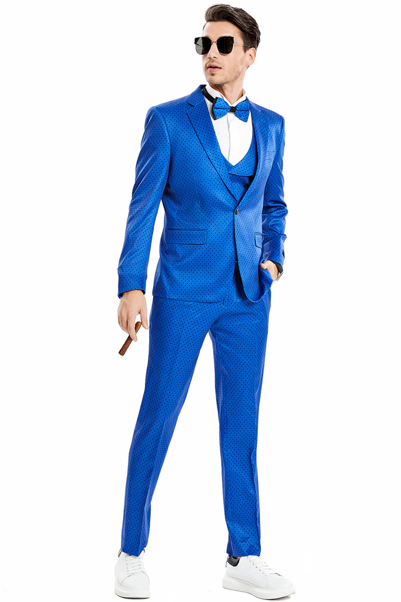 Men's One Button Vested Mini Polka Dot Prom Suit in Royal Blue & Black - Image 2
