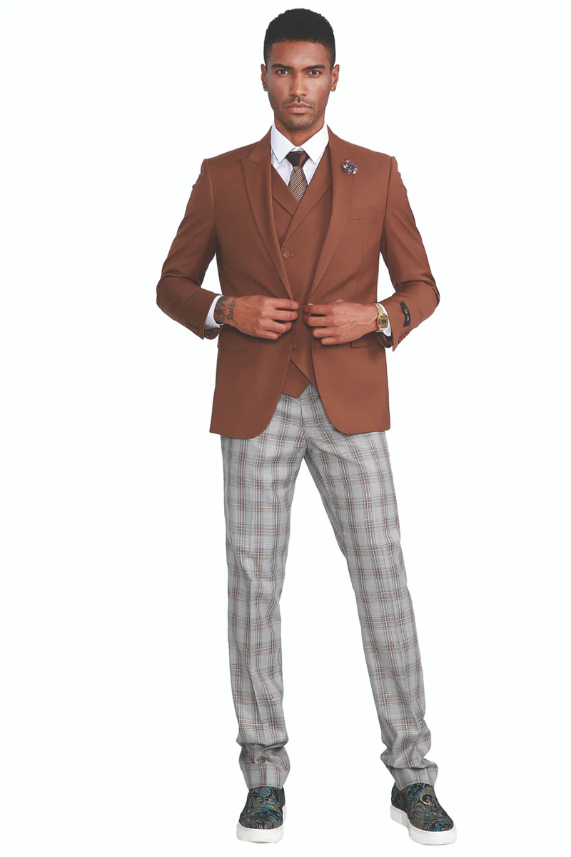 Men's One Button Vested Peak Lapel Suit in Dark Camel Cognac with Grey & Cognac Plaid Pants - Image 2