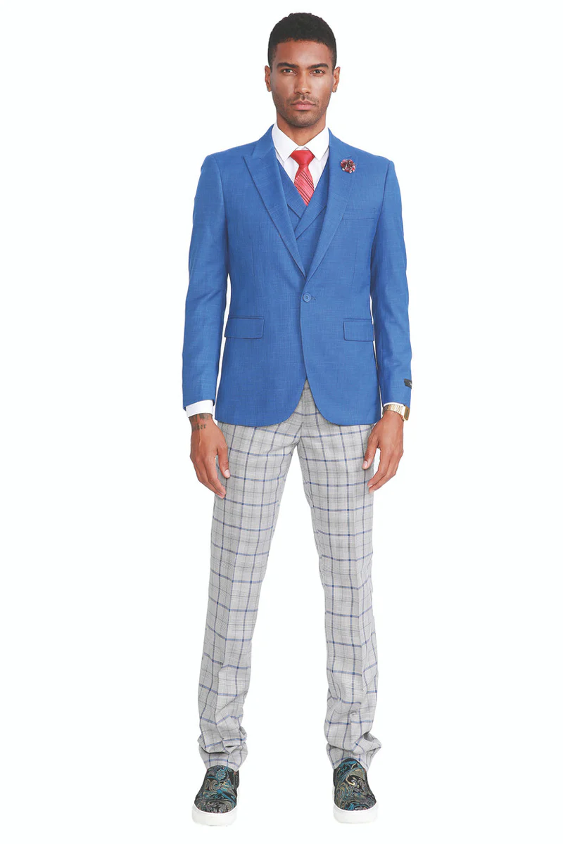 Men's One Button Vested Peak Lapel Suit in French Blue with Grey & Blue Plaid Pants - Image 2