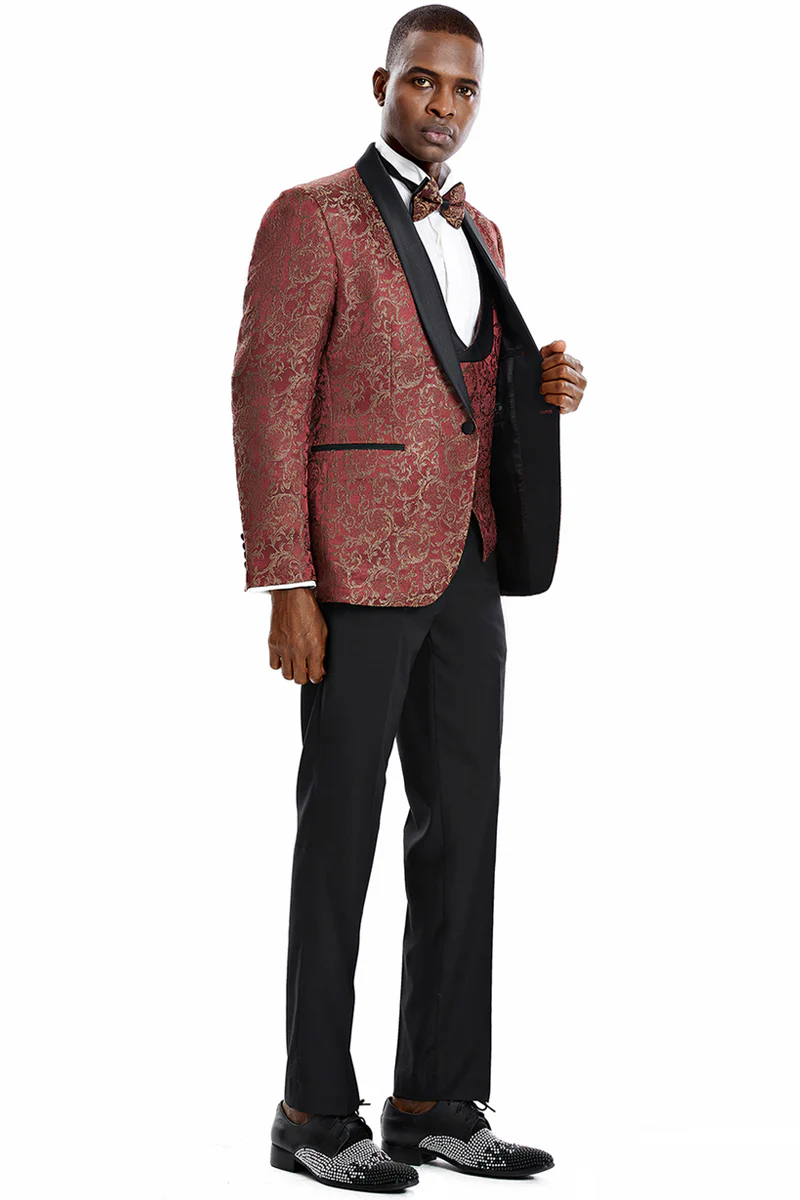 Men's One Button Vested Prom & Wedding Shawl Tuxedo in Red & Gold Paisley - Image 2
