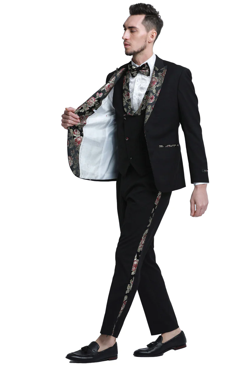 Men's One Button Vested Prom & Wedding Tuxedo in Black with Floral Peak Lapel - Image 2