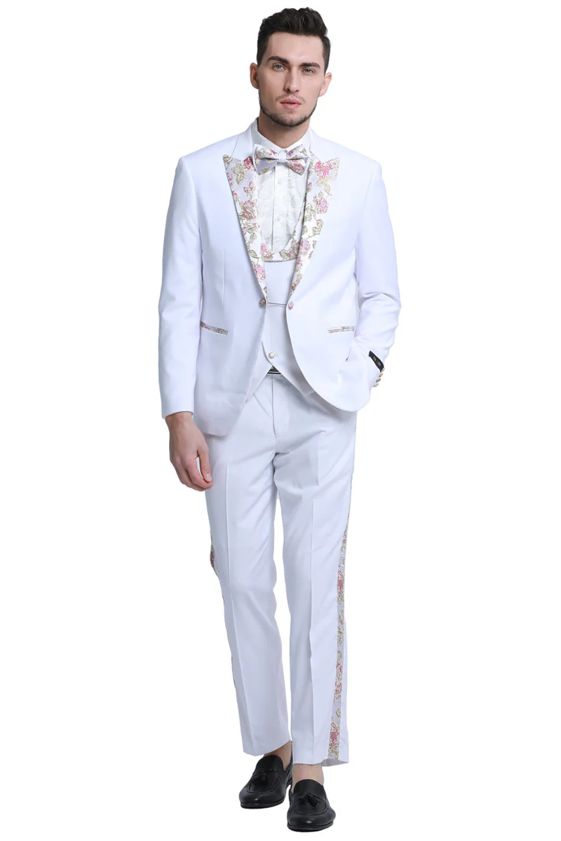 Men's One Button Vested Prom & Wedding Tuxedo in White with Floral Peak Lapel - Image 2
