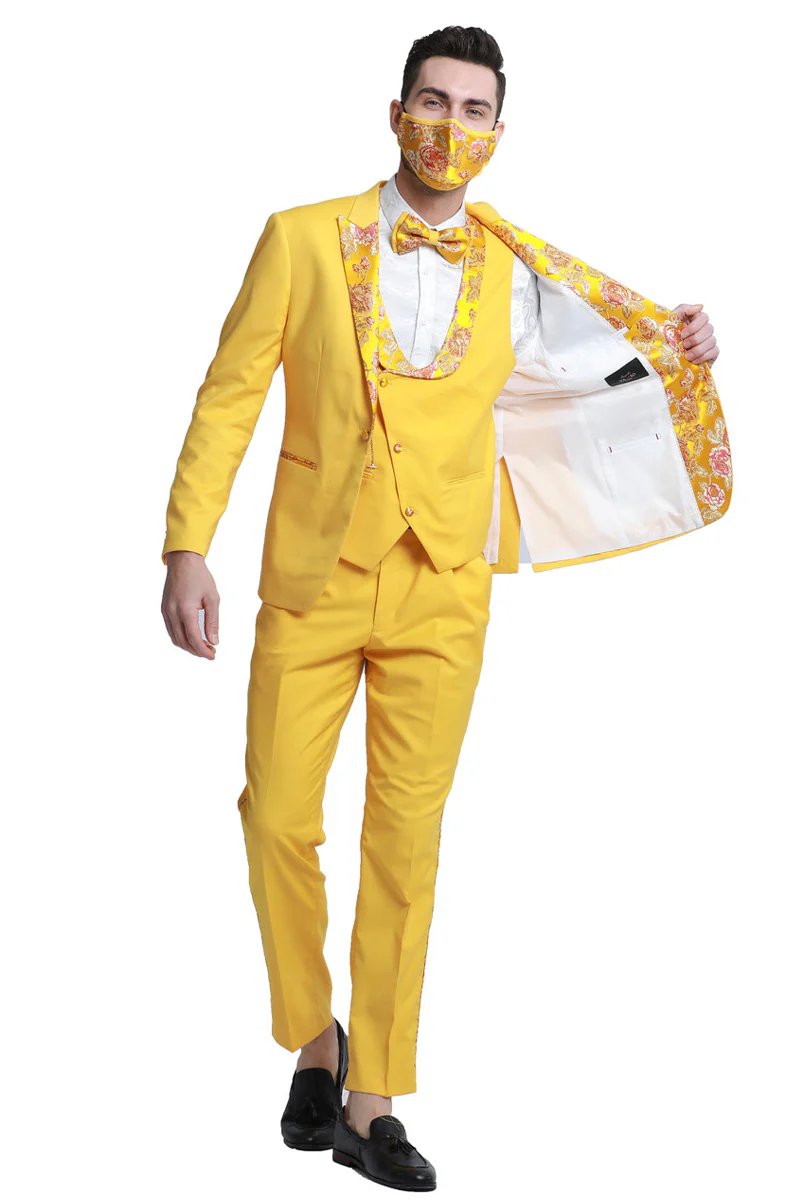 Men's One Button Vested Prom & Wedding Tuxedo in Yellow Gold with Floral Peak Lapel - Image 2