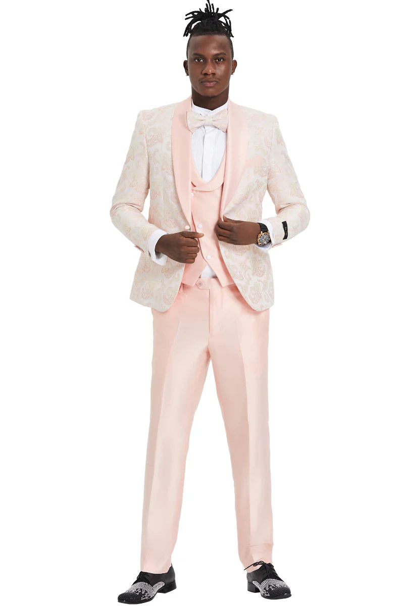 Men's One Button Vested Shawl Lapel Prom Tuxedo in Embossed Pink Paisley - Image 2