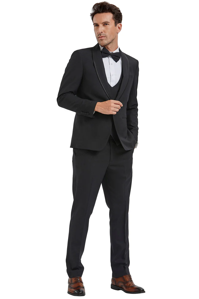 Men's One Button Vested Shawl Tuxedo in Black Birdseye with Black Satin Trim - Image 2