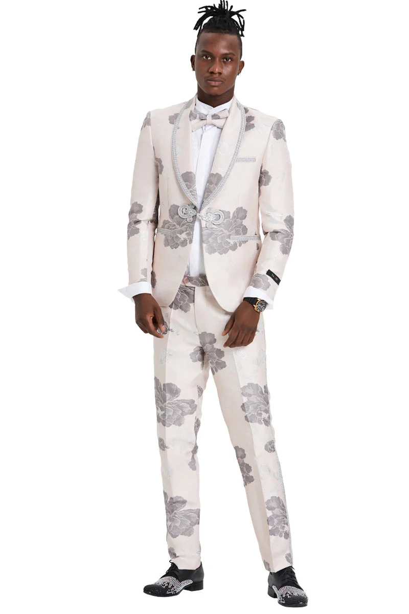 Men's One Button Vested Shawl Tuxedo in Pink & Silver Paisley with Lace Trim - Image 2