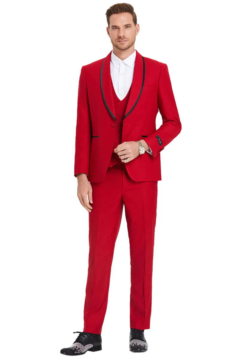 Men's One Button Vested Shawl Tuxedo in Red Birdseye with Black Satin Trim - Image 2