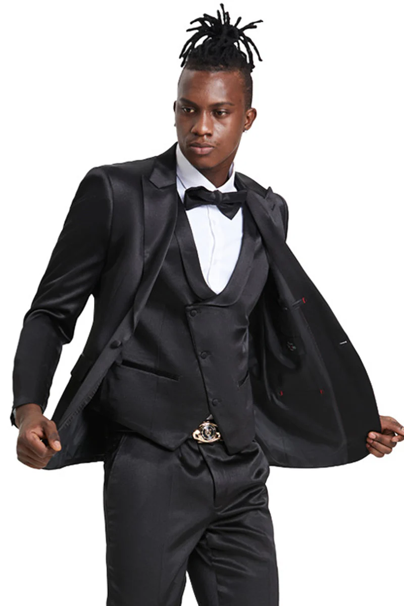 Men's One Button Vested Shiny Satin Sharkskin Prom & Wedding Party Suit in Black