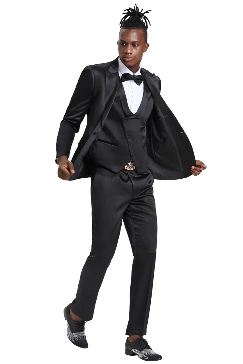 Men's One Button Vested Shiny Satin Sharkskin Prom & Wedding Party Suit in Black - Image 2