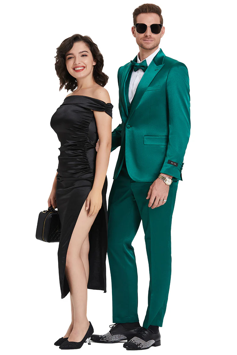 Men's One Button Vested Shiny Satin Sharkskin Prom & Wedding Party Suit in Emerald Green - Image 2