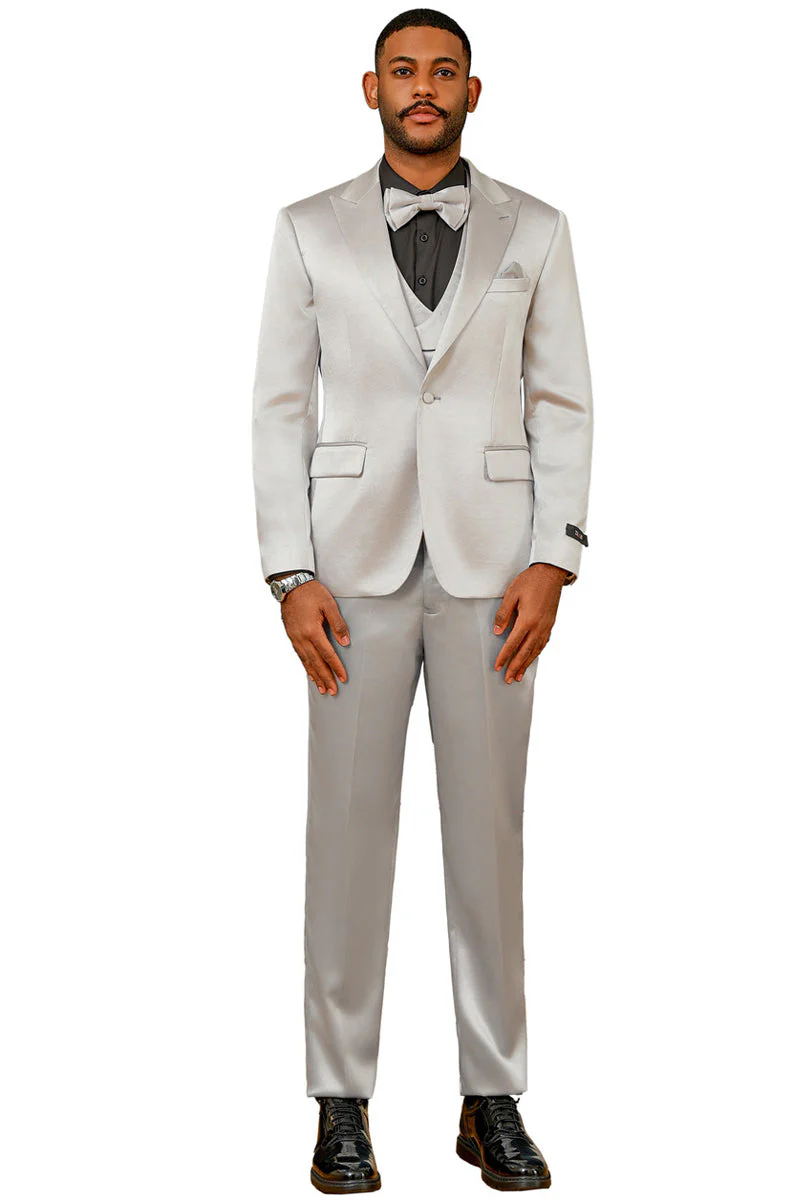 Men's One Button Vested Shiny Satin Sharkskin Prom & Wedding Party Suit in Silver Grey - Image 2