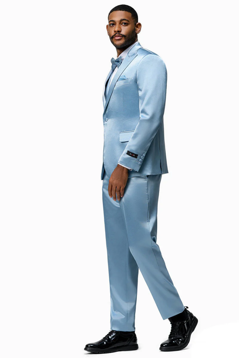 Men's One Button Vested Shiny Satin Sharkskin Prom & Wedding Party Suit in Sky Blue - Image 2