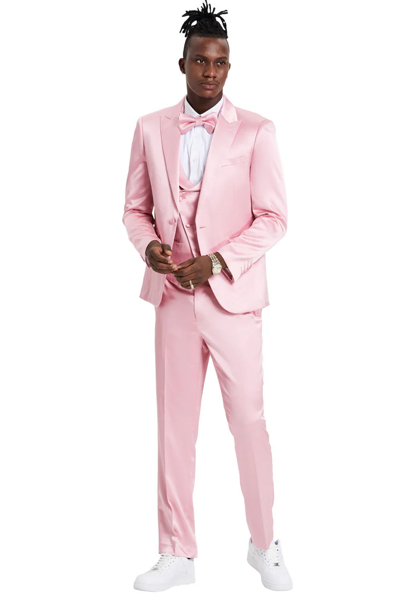 Men's One Button Vested Shiny Satin Sharkskin Prom & Wedding Party Suit in Dusty Rose - Image 2