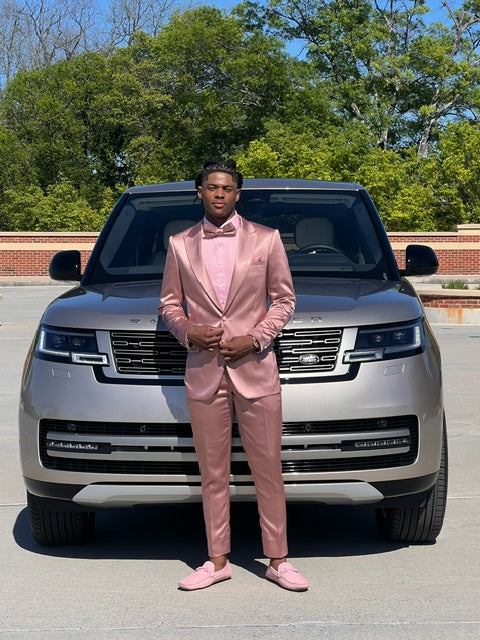 Men's One Button Vested Shiny Satin Sharkskin Prom & Wedding Party Suit in Dusty Rose - Image 3