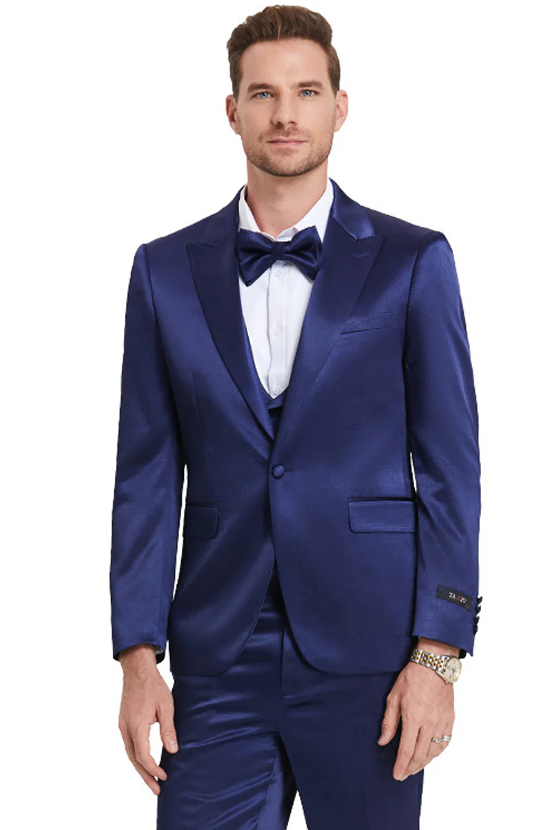 Men's One Button Vested Shiny Satin Sharkskin Prom & Wedding Party Suit in Indigo Navy Blue