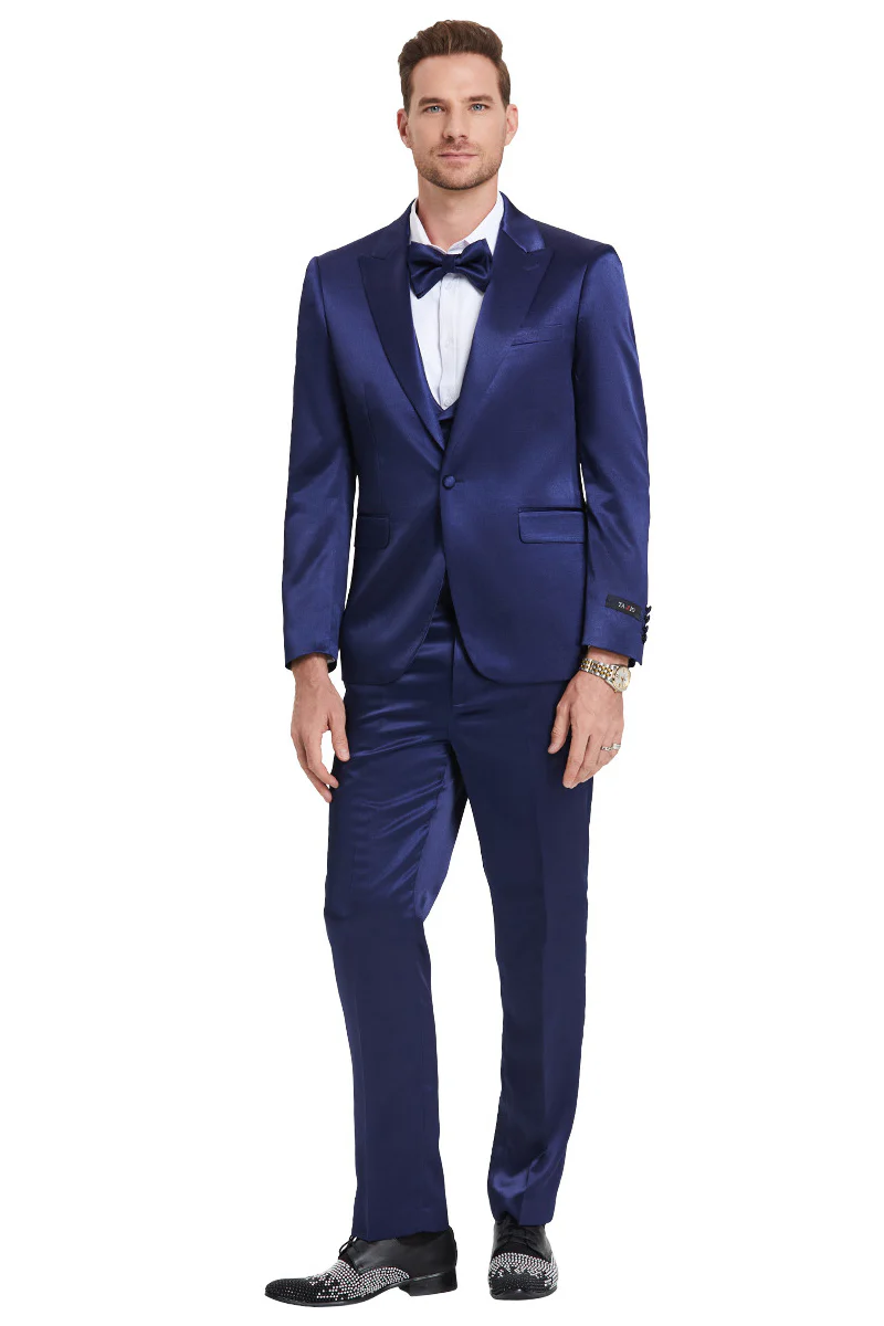 Men's One Button Vested Shiny Satin Sharkskin Prom & Wedding Party Suit in Indigo Navy Blue - Image 2