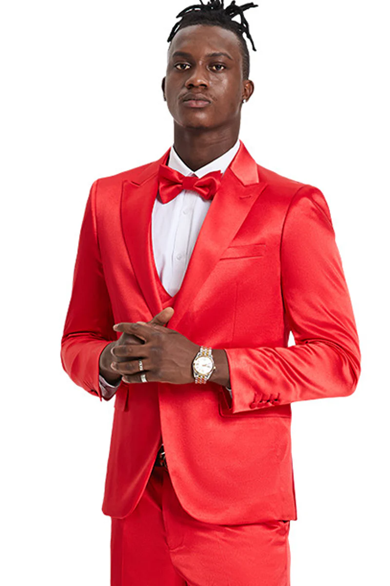 Men's One Button Vested Shiny Satin Sharkskin Prom & Wedding Party Suit in Red