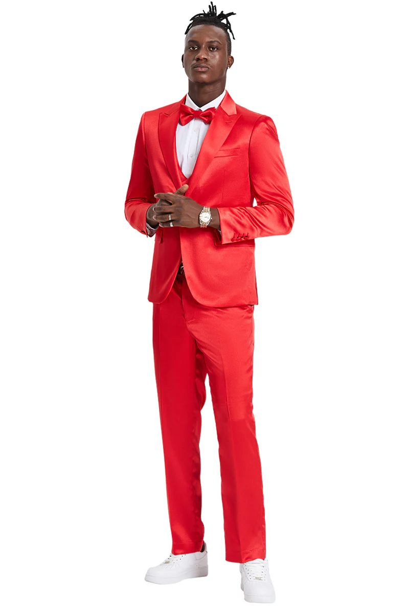 Men's One Button Vested Shiny Satin Sharkskin Prom & Wedding Party Suit in Red - Image 2