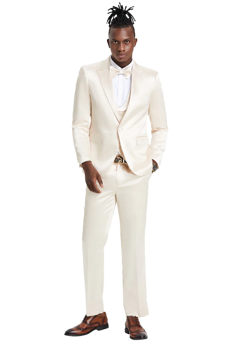 Men's One Button Vested Shiny Satin Sharkskin Prom & Wedding Party Suit in Champagne - Image 2