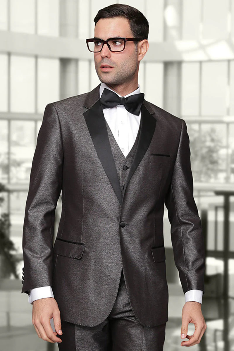 Men's One Button Vested Shiny Sharkskin Wool Tuxedo in Grey