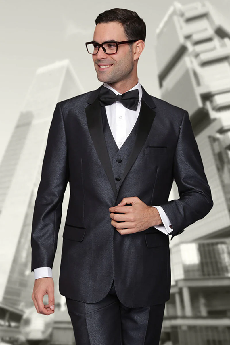 Men's One Button Vested Shiny Sharkskin Wool Tuxedo in Indigo Blue
