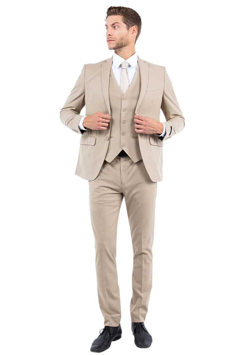 Men's One Button Vested Slim Fit Business & Wedding Suit in Tan - Image 2