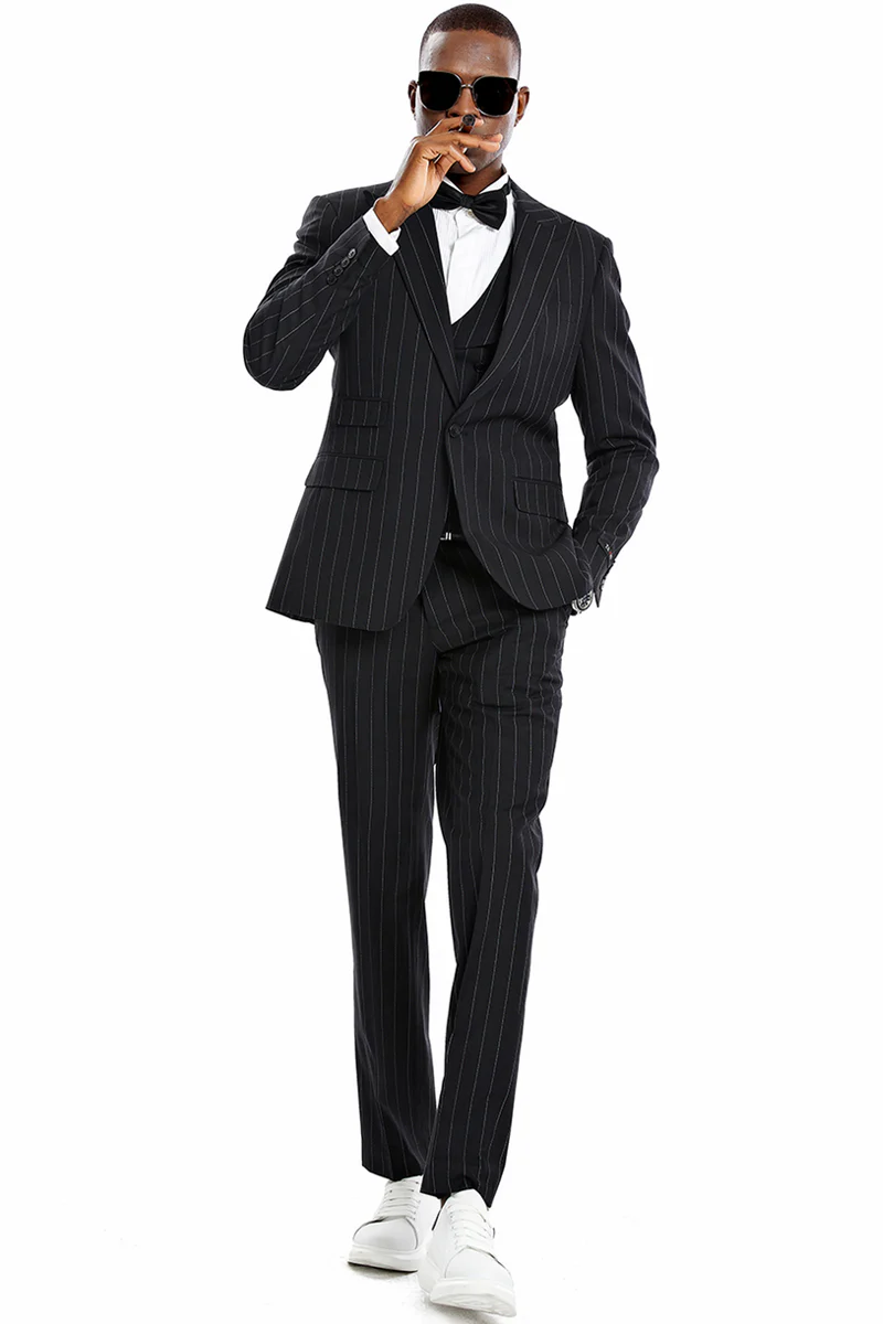 Men's One Button Vested Wide Peak Lapel Bold Gangster Pinstripe Suit in Black - Image 2