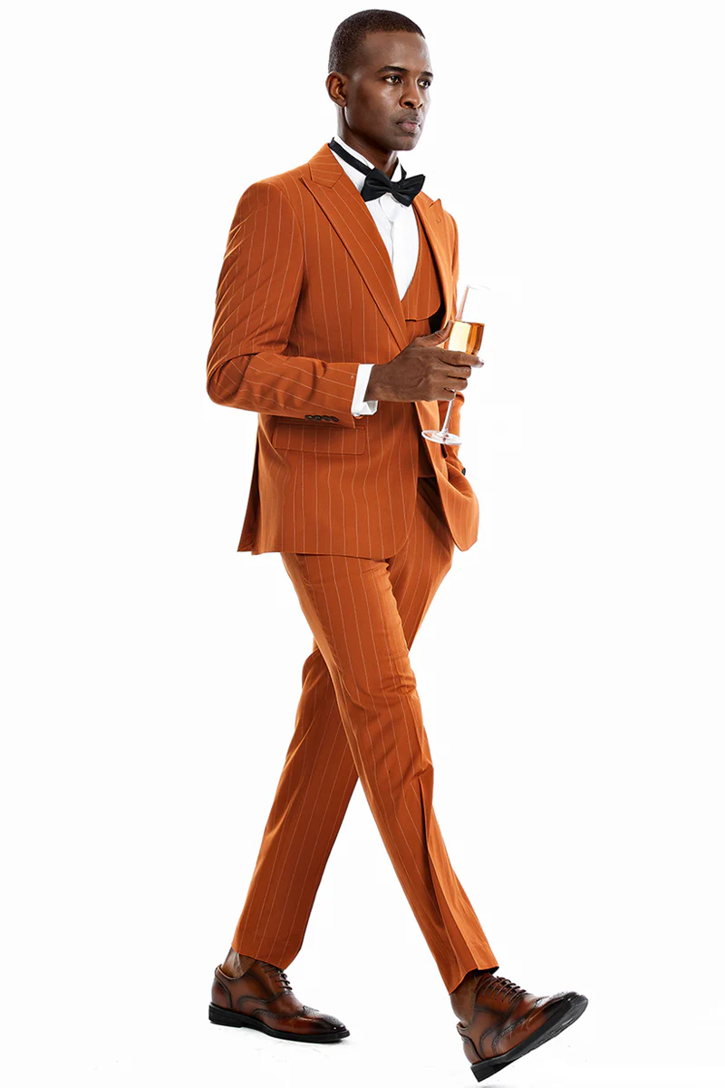 Men's One Button Vested Wide Peak Lapel Bold Gangster Pinstripe Suit in Orange Rust - Image 2