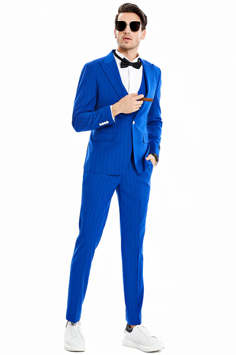 Men's One Button Vested Wide Peak Lapel Bold Gangster Pinstripe Suit in Royal Blue - Image 2