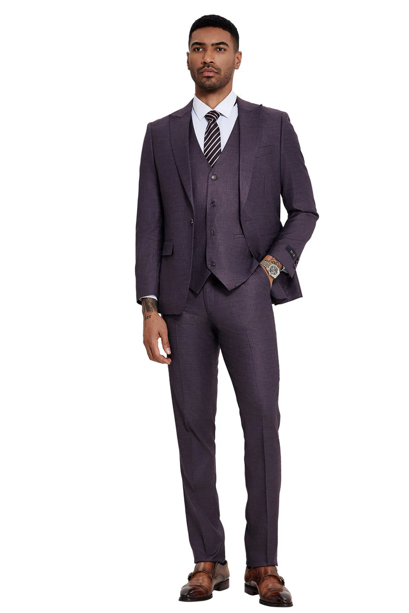 Men's One Button Wide Peak Lapel Vested Slim Fit Suit in Eggplant Purple - Image 2