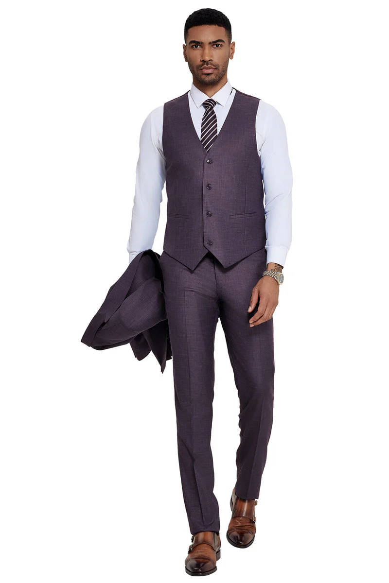 Men's One Button Wide Peak Lapel Vested Slim Fit Suit in Eggplant Purple - Image 3