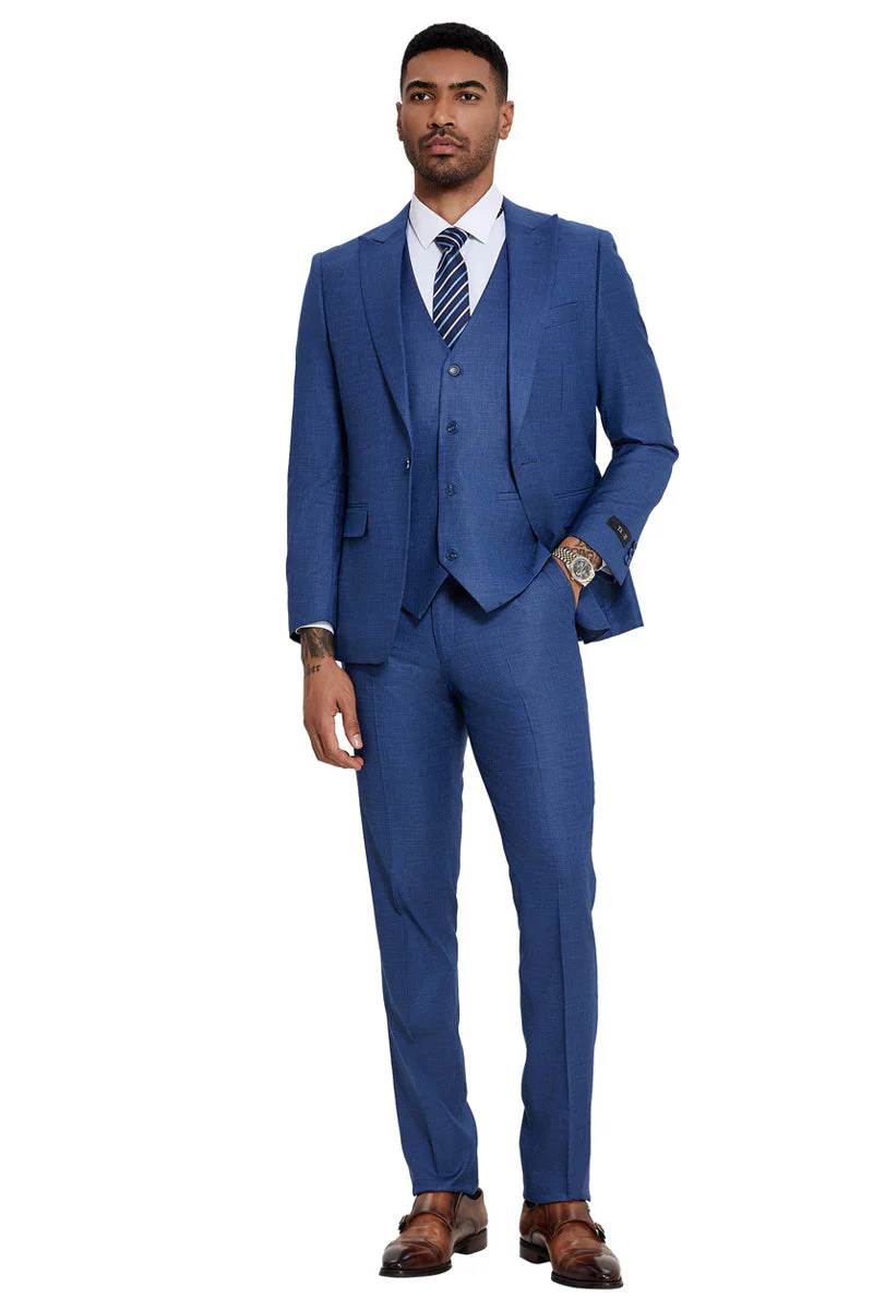 Men's One Button Wide Peak Lapel Vested Slim Fit Suit in French Blue - Image 2