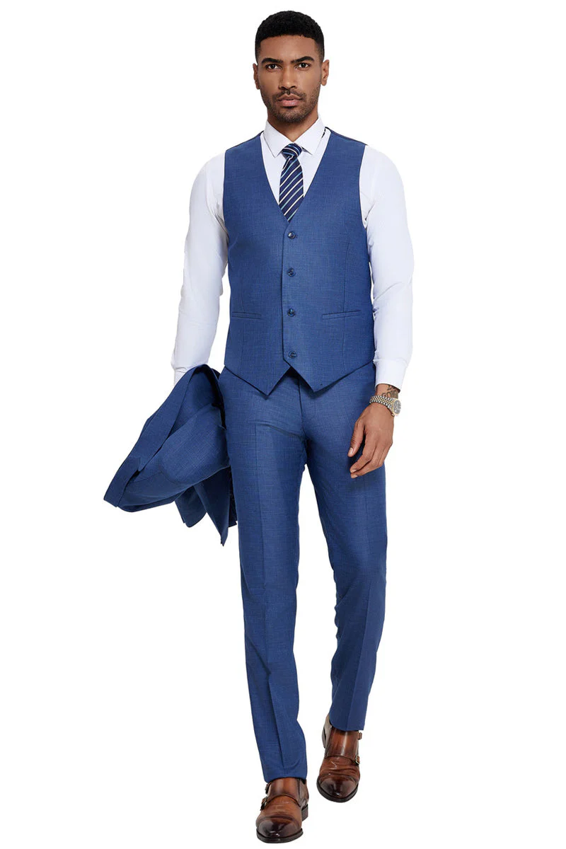 Men's One Button Wide Peak Lapel Vested Slim Fit Suit in French Blue - Image 3