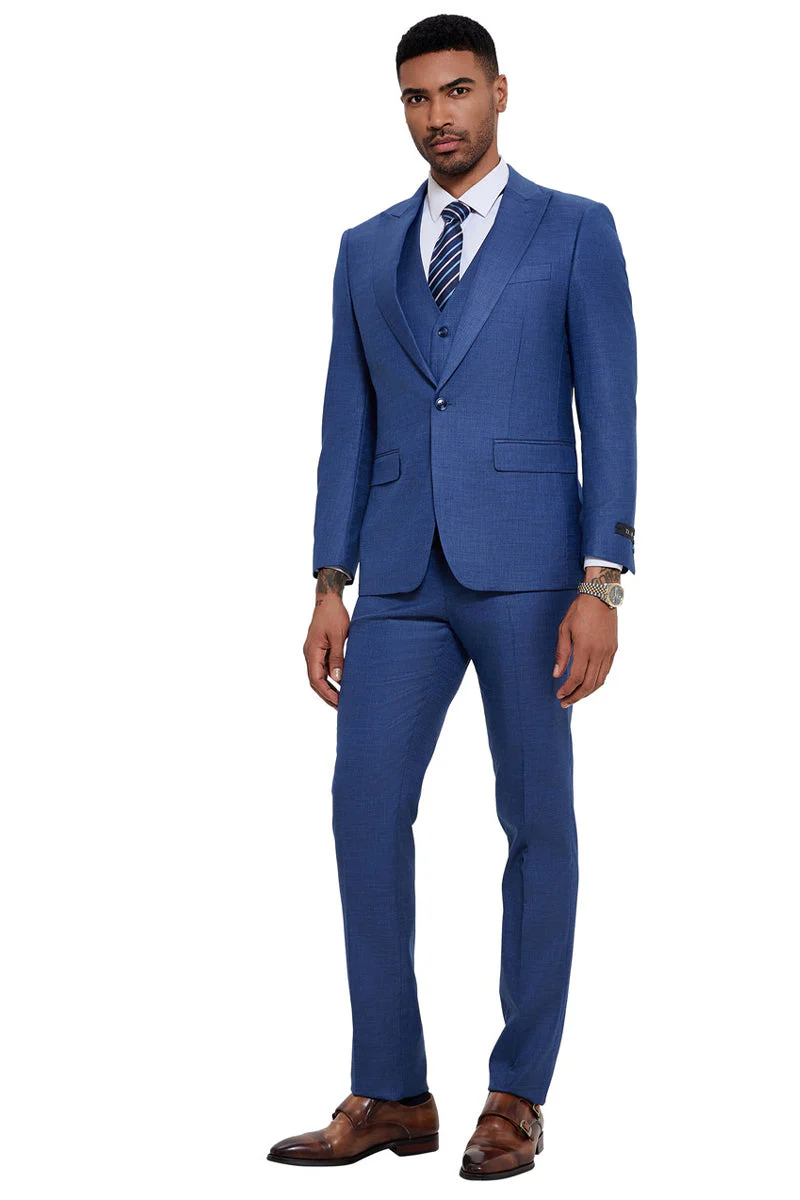 Men's One Button Wide Peak Lapel Vested Slim Fit Suit in French Blue - Image 4