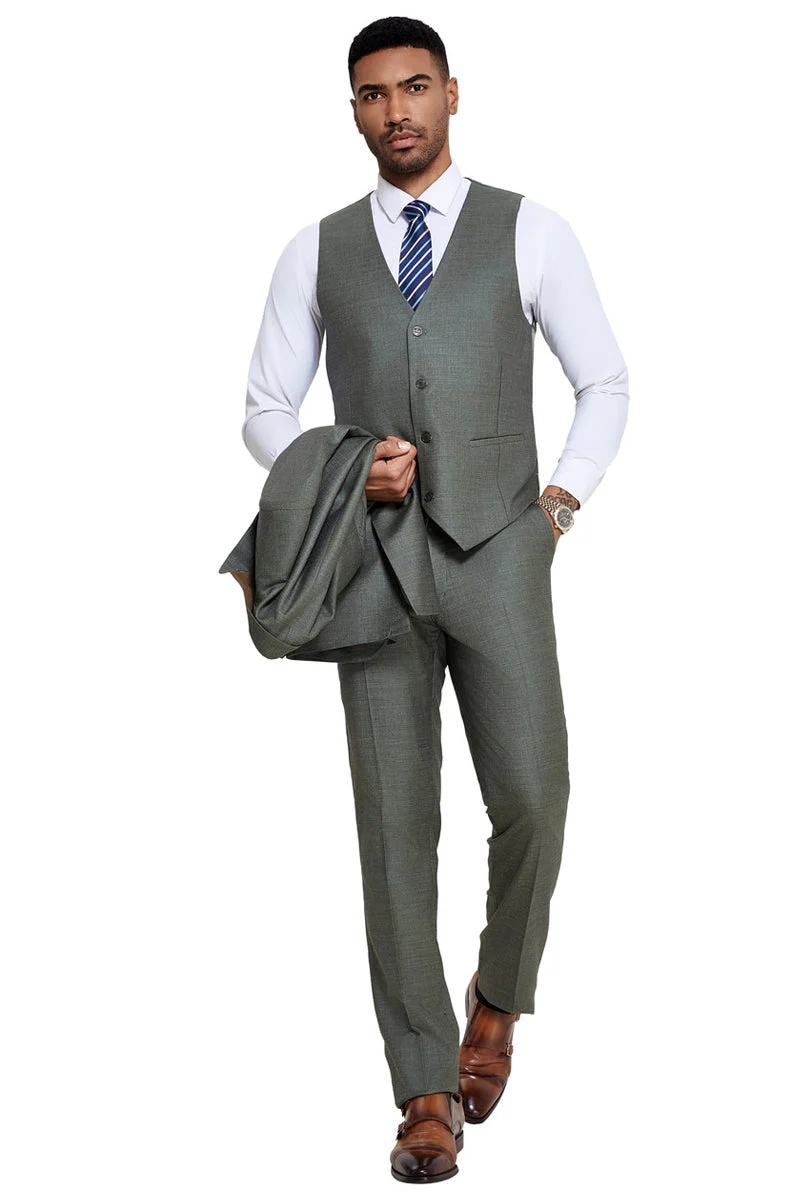Men's One Button Wide Peak Lapel Vested Slim Fit Suit in Sage Green - Image 3