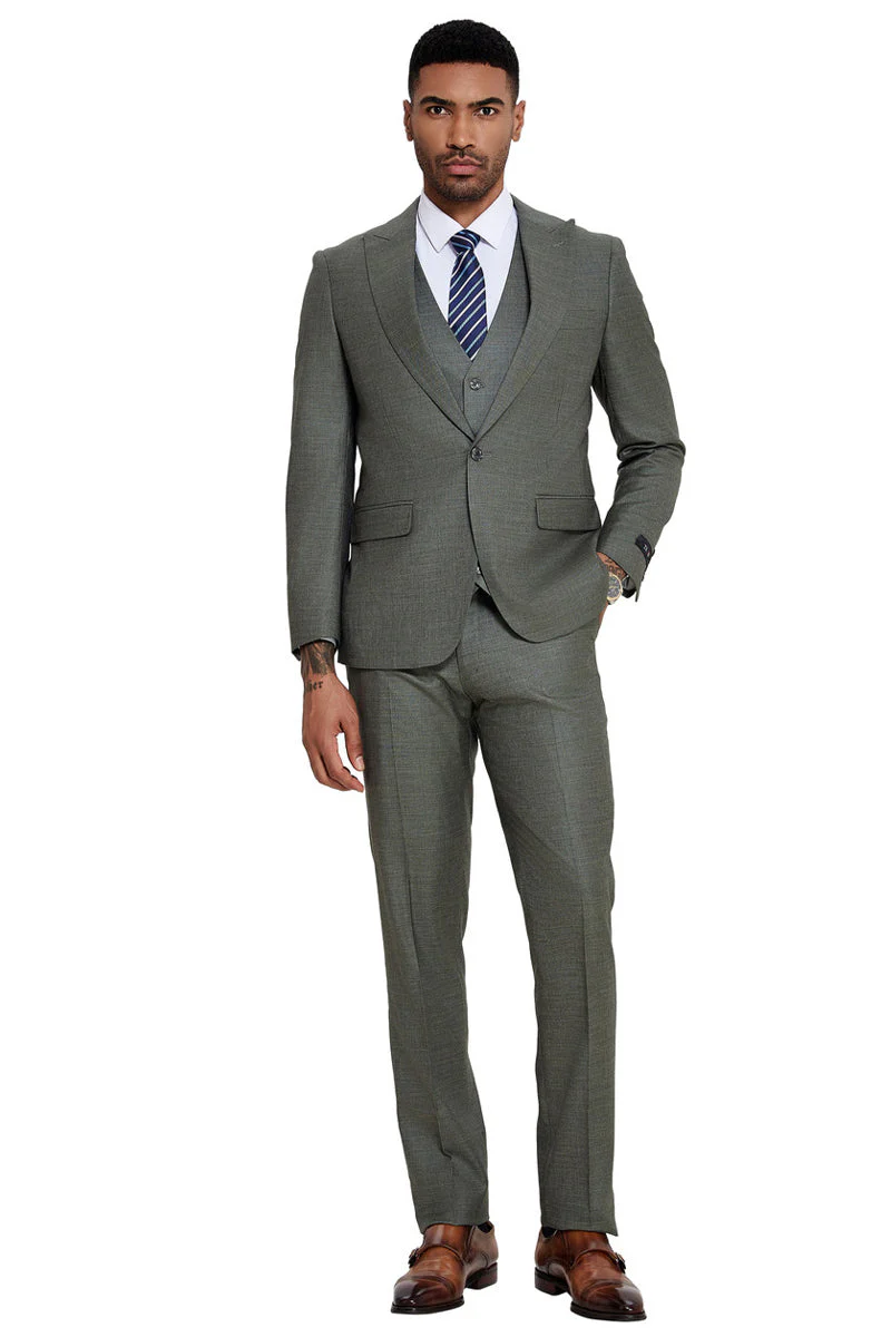 Men's One Button Wide Peak Lapel Vested Slim Fit Suit in Sage Green - Image 4