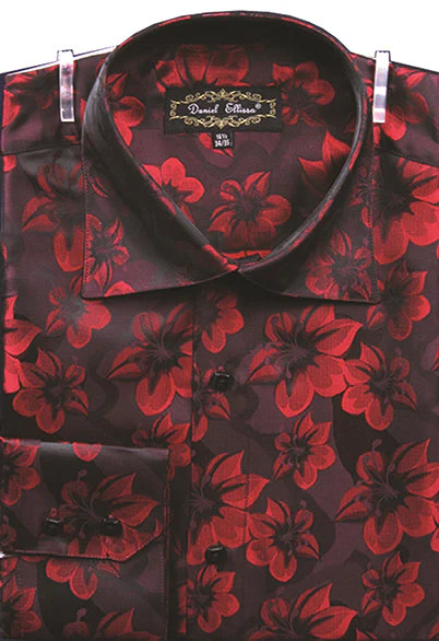 Men's Regular Fit Fancy Tonal Floral Pattern Sports Shirt in Burgundy