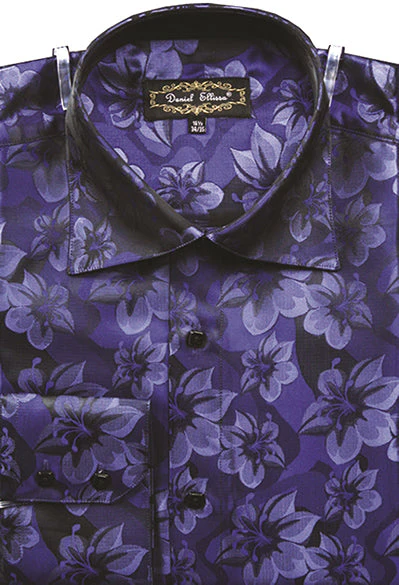Men's Regular Fit Fancy Tonal Floral Pattern Sports Shirt in Navy